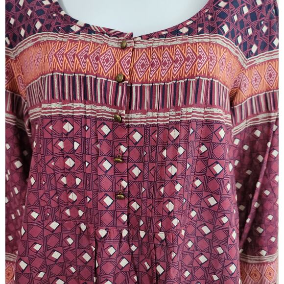 Bob Timberlake Purple Blue Geo Print Pleated Front Tunic Top Large 3/4 Sleeves - Picture 2 of 6